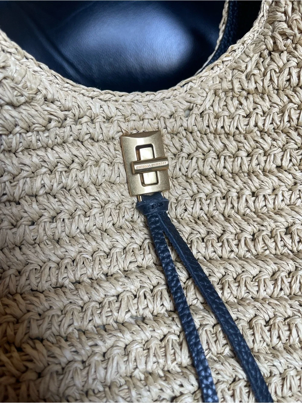 Rebecca Minkoff Darren Carrysome Raffia & Black Leather Shoulder Bag with Tags